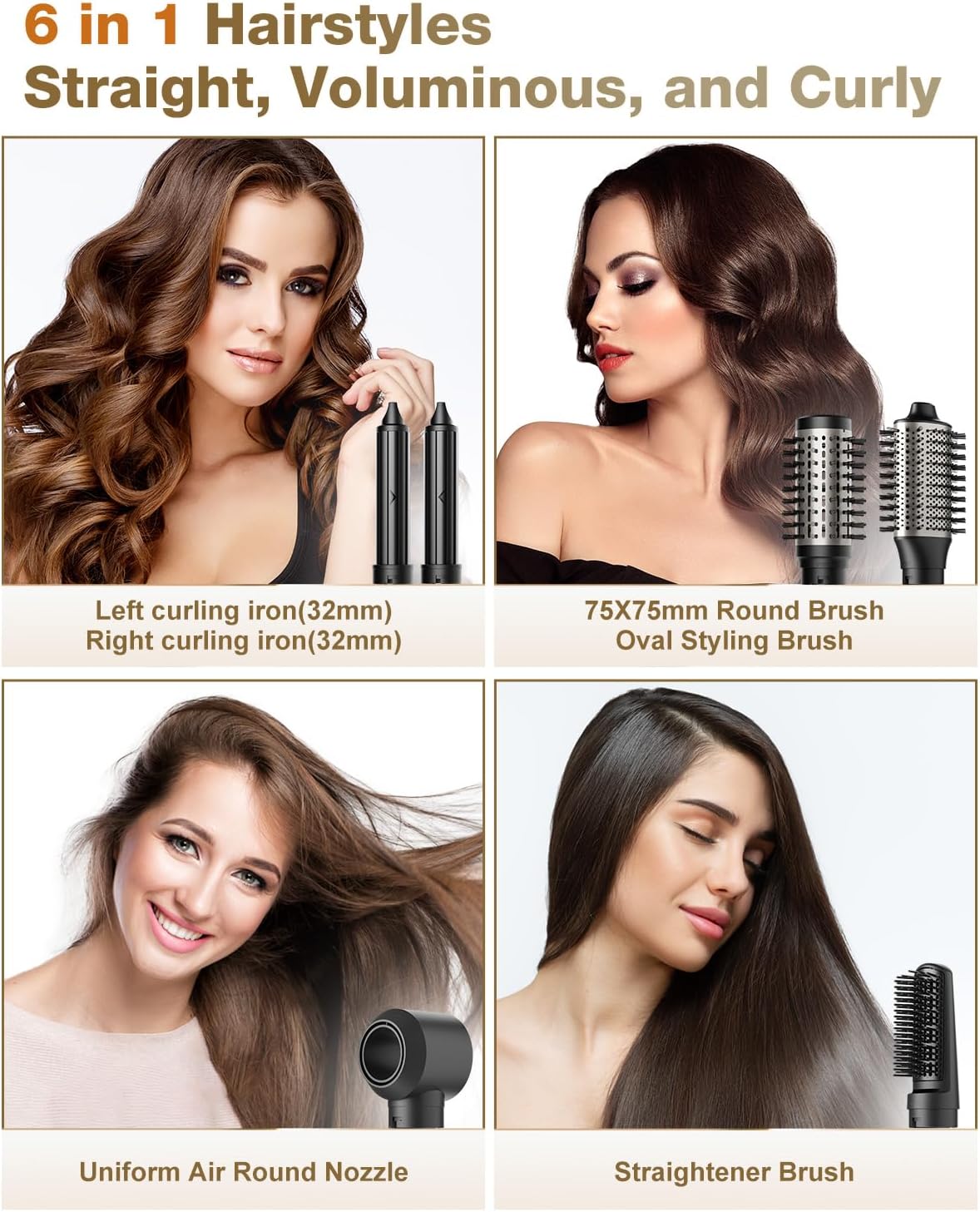 7MAGIC Hair Dryer Brush & 6 in 1 Hair Styler, Silver, 110 Volts, 1200 Watts, Ionic Technology, Fast Drying, Multi Styler for Straight, Wavy, Curly, and Coily Hair